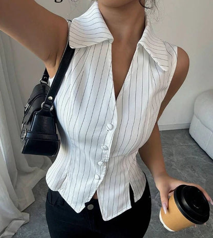 Sleeveless Lapel Short Sleeved Solid Color Button Women's Suit Jacket High Street Fashion Daily Elegant Summer Top