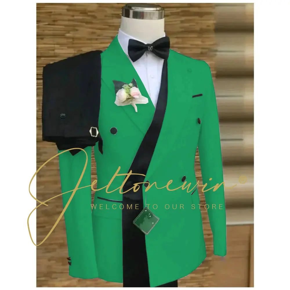 Double Breasted White Black Wedding Suits for Men Fashion Slim Fit Groom Best Man Wedding Tuxedo Formal Prom Wear 2 Pieces Set