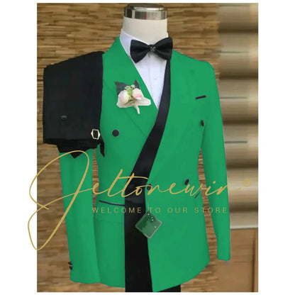 Double Breasted White Black Wedding Suits for Men Fashion Slim Fit Groom Best Man Wedding Tuxedo Formal Prom Wear 2 Pieces Set