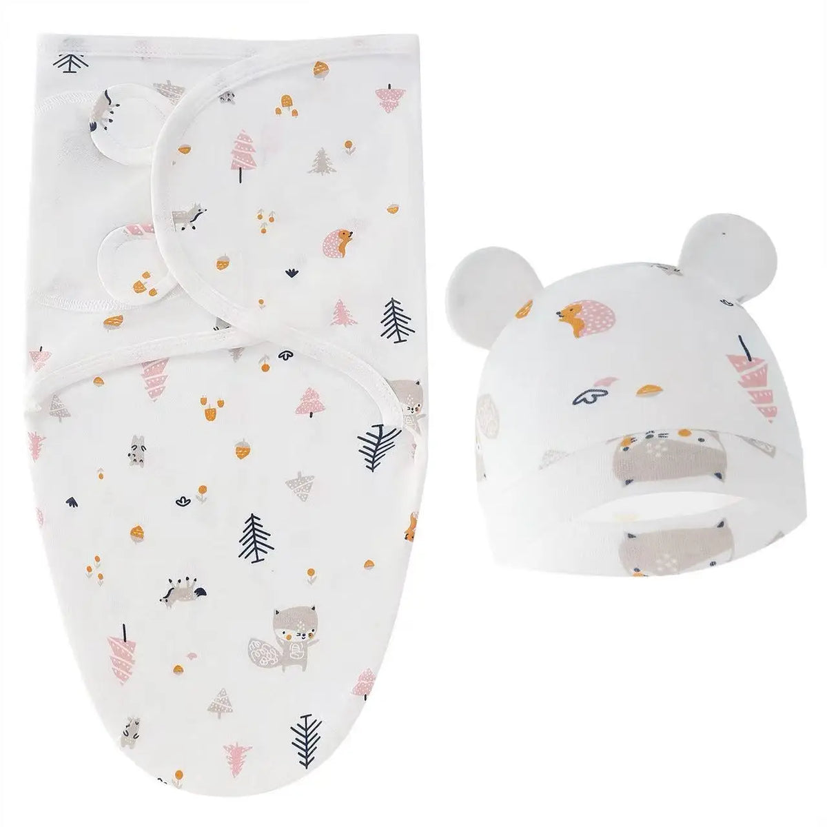 Baby Blanket Hat Set Cartoon Printed Cotton Newborn Swaddle Adjustable Infant Sleeping Swaddle Wraps All Seasons 0-6 Months