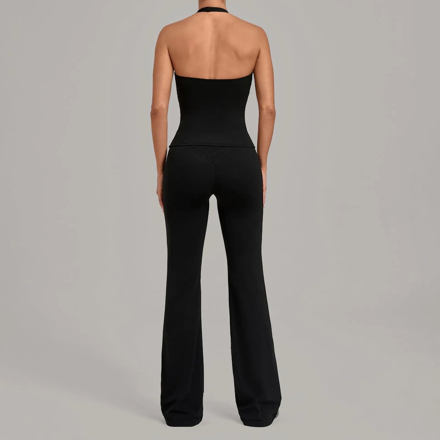 Women Halter V Neck 2Pcs Yoga Outfit Backless Crop Top High Waist Flare Pants Soft Stretch Workout Gym Pilates Casual Tracksuit