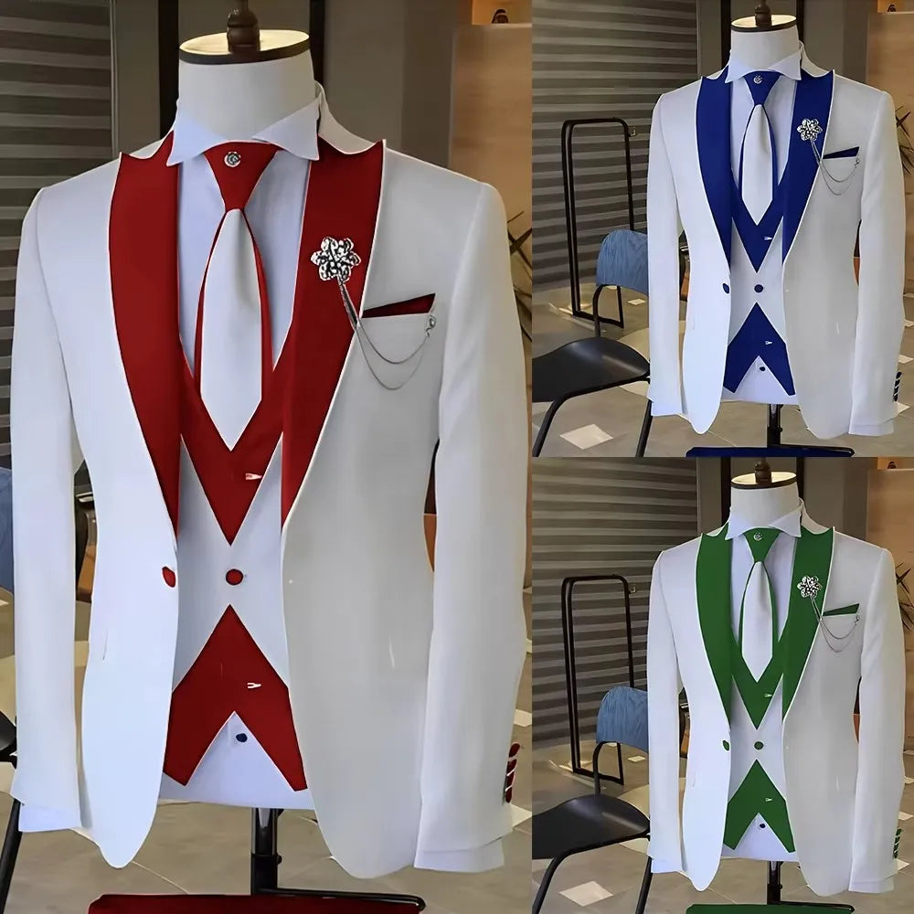 Fashion Luxury Tailor-made White Suits For Men 3 Piece Set Slim Fit Formal Wedding Best Man Groom Tuxedo(jacket+Vest+Pants)