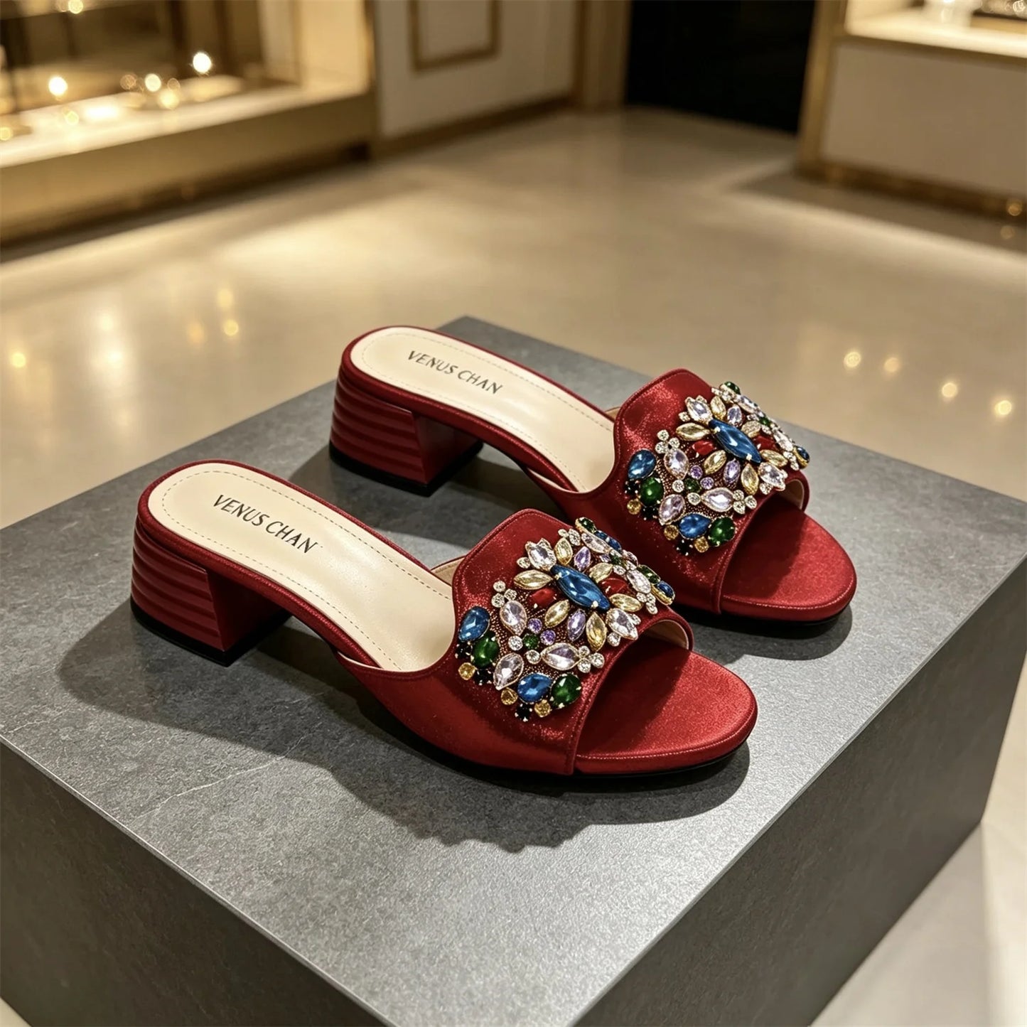 Women's Luxury Gold Satin Low Block Heel Mules Sparkly Colorful Gem Rhinestone Jeweled Open Toe Slide Sandals Summer Party Shoes