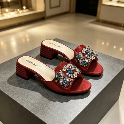 Women's Luxury Gold Satin Low Block Heel Mules Sparkly Colorful Gem Rhinestone Jeweled Open Toe Slide Sandals Summer Party Shoes