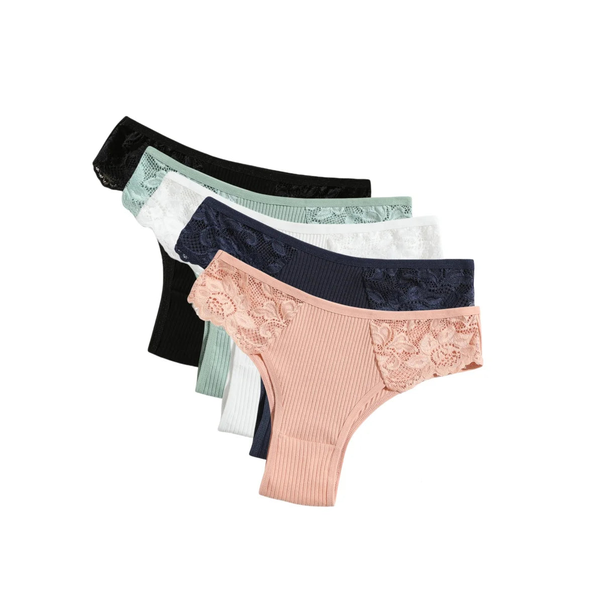 5Pcs/Set Women Cotton Panties Floral Lace Side Panel Low Rise Rib Briefs Low Cut Underwear Comfort Sexy Lingerie Daily Bikini