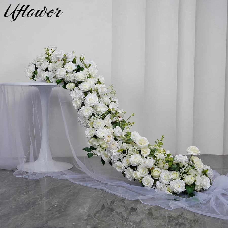Uflower 2m Luxury Artificial Flowers Wedding Backdrop Table Long Runner Flower Row Floral Backdrop Arrangement Wall Arch Decor