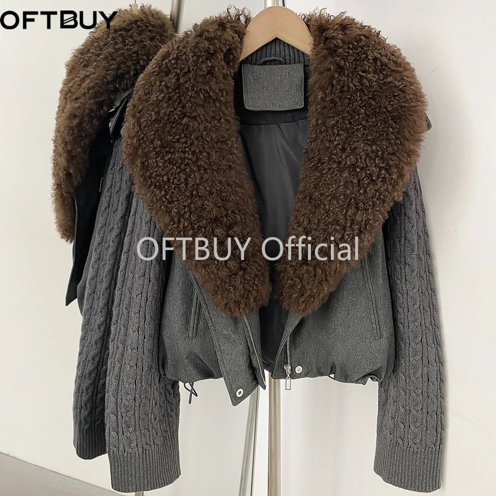 OFTBUY Women Winter Real Lamb Wool Fur Collar 90 White Duck Down Jacket Cable Knit Sleeve Zipper Drawstring Cropped Coat