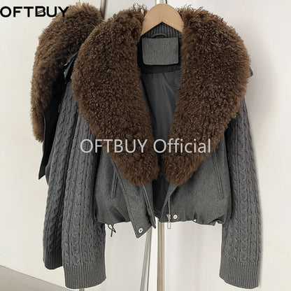 OFTBUY Women Winter Real Lamb Wool Fur Collar 90 White Duck Down Jacket Cable Knit Sleeve Zipper Drawstring Cropped Coat