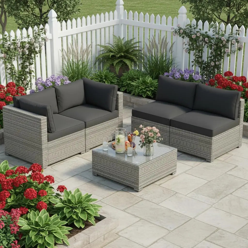 5 Piece Rattan Sofa Set, Patiojoy Outdoor Wicker Furniture Set with Seat & Back Cushions, Square Coffee Table,, Customized