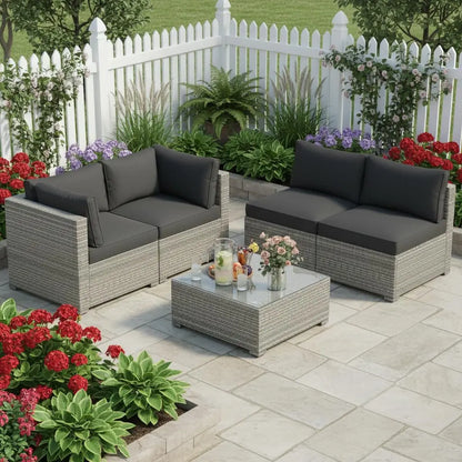 5 Piece Rattan Sofa Set, Patiojoy Outdoor Wicker Furniture Set with Seat & Back Cushions, Square Coffee Table,, Customized
