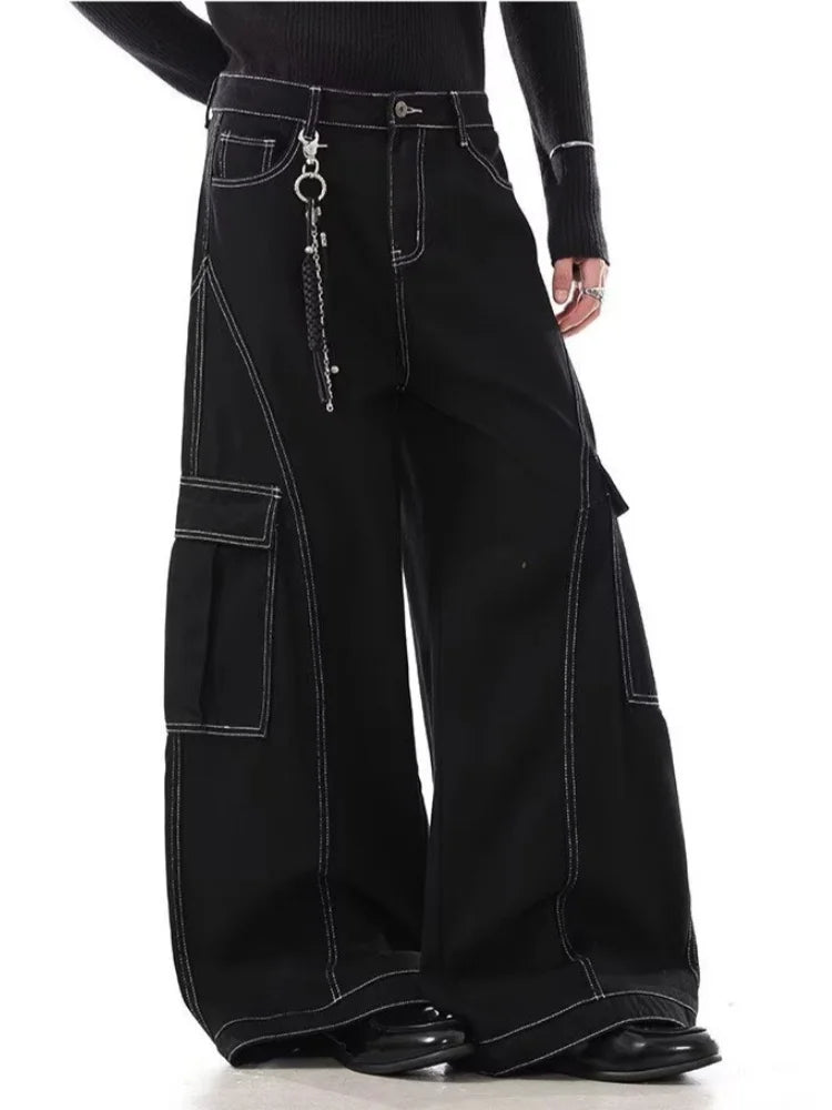 2026 Cyber Y2K Streetwear Black Baggy Women's Cargo Jeans Pants For Woman Clothing Wide Leg Gothic Punk Loose Fit Denim Trousers