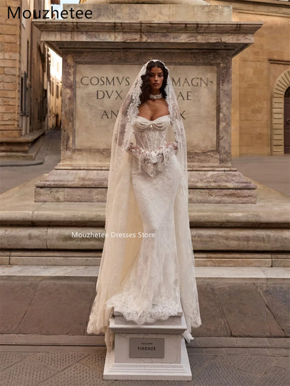 Mouzhetee Mermaid Elegant Pearls Lace Strapless Wedding Dresses Simple Sleeveless Brides Gown Custom Made 2026