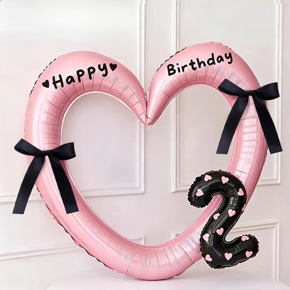 7Pcs 16inch Black Number Hollow-Out Heart Balloons and Heart Stickers Set, Includes 2 Number Balloons, 2 Stickers, 1 Glue Stick, 2 25cm Ribbons, for Birthday Parties, Wedding Anniversary Celebrations, Holiday Decorations