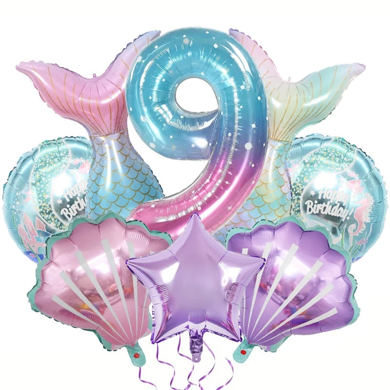 8pcs Mermaid Balloons set Shell Mermaid Foil Balloons 32inch Number Balloon 1-9 for Kids Girls 1-9th Birthday Party Decoration