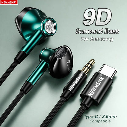 9D Surround Bass Type C&3.5mm Headphones Wried Control Headsets In HD Mic In-ear Earbuds For IPhone15/16/17 For Samsung Earphone