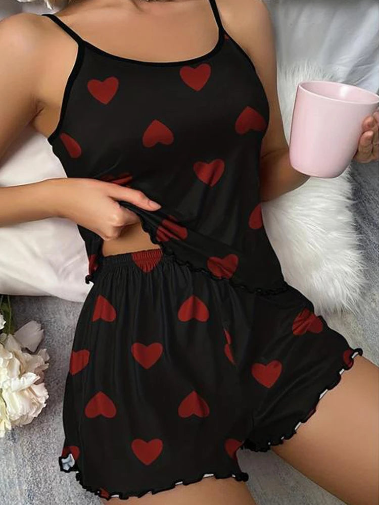 New Women's Pajama Set Leopard Print Heart Printing Round Neck T-Shirts Shorts Homewear Ice Silk Suspender Top Shorts Sleepwear