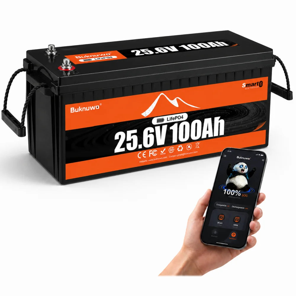 Buknuwo LiFePO4 24V/25.6V 100Ah Lithium Battery With Bluetooth Built-in 100A BMS Grade A Cells 2560Wh Power Energy Storage Battery Low-Temp Protection Capable Of Over 10000 Cycles Support Parallel Battery For Solar,RV,Marine,