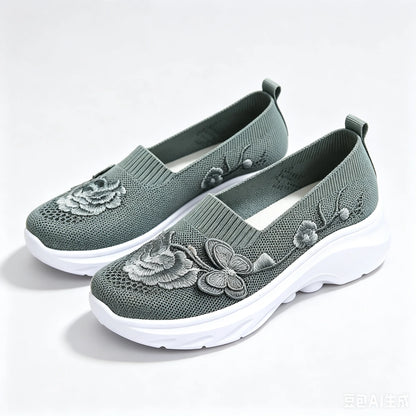 2026 Summer Women Breathable Knit Floral Embroidery Platform Loafers Slip On Walking Shoes Lightweight Soft Cushion Insole Anti Slip Wedge Sole Comfort Casual Daily Outdoor Travel Nurse Footwear Black Khaki Green Multiple Siz