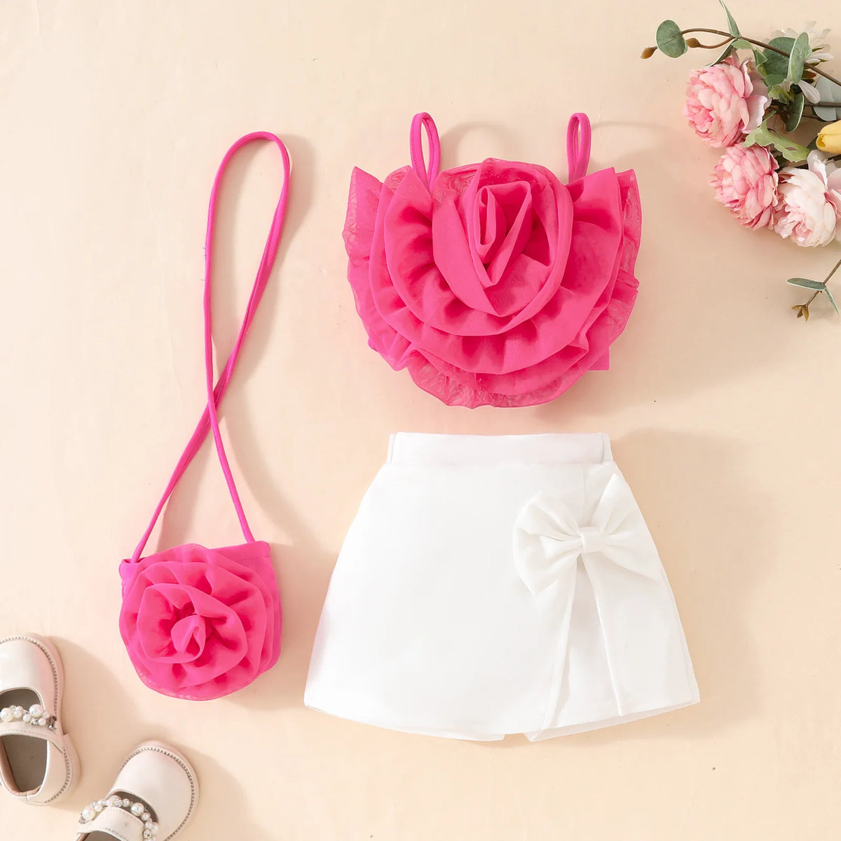 Summer Baby Childrens Clothes Set 0-4Y 3D Flower Camisole+Bow Shorts+Bag 3Pcs Trendy Girls Suit Kid's Culotte Girls Skirt Outfit