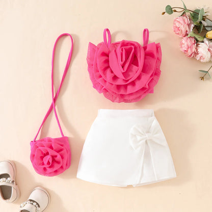 Summer Baby Childrens Clothes Set 0-4Y 3D Flower Camisole+Bow Shorts+Bag 3Pcs Trendy Girls Suit Kid's Culotte Girls Skirt Outfit