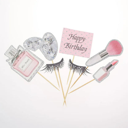 Perfume Lipstick Makeup Brush Cake Topper DIY Women Cupcake Cake Flags Kids Girl Happy Birthday Bride Party Baking DIY Decor