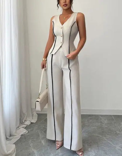 Two Piece Set Women Outfit 2026 Spring Summer New Contrasting V-Neck Sleeveless Single-Breasted Vest & Casual Straight Pants Set