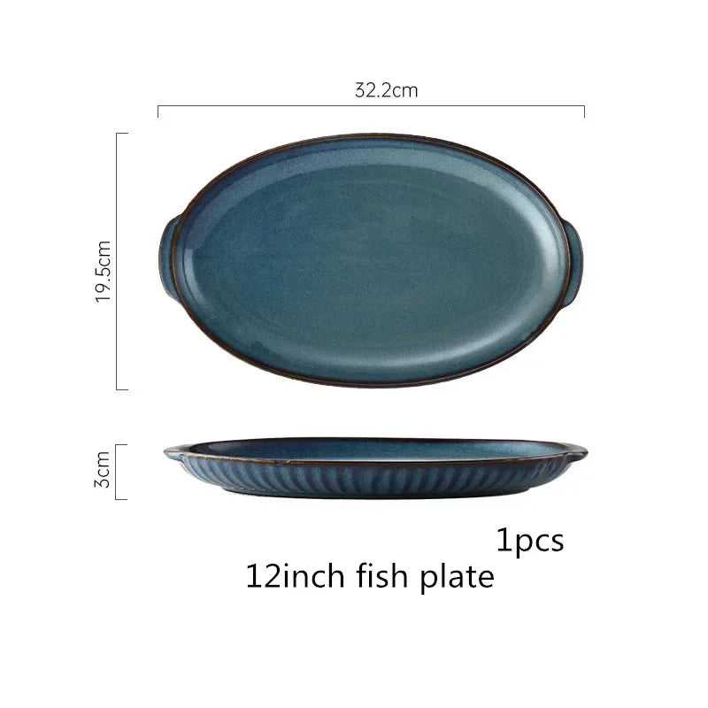 Blue kiln glaze tableware, ceramic rice salad, plate, plate, fish plate, tableware dinner set plates and dishes