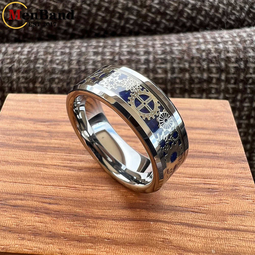 MenBand Unique 6/8mm Tungsten Carbide Rings Wedding Band Gear Wheel Blue Carbon Fiber Inlay Fashion Jewelry Comfort Fit