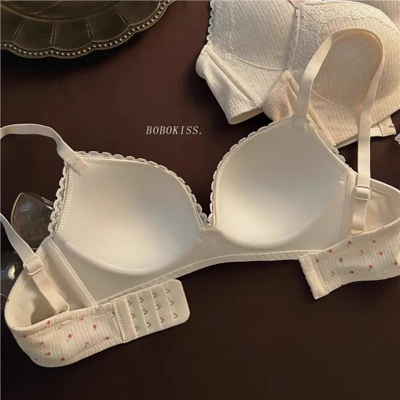 Teenage Sexy Lace Floral Bra Set Comfortable Non-steel Ring Beauty Back Small Breasts Gathered up Support Anti-Sagging Bra Set