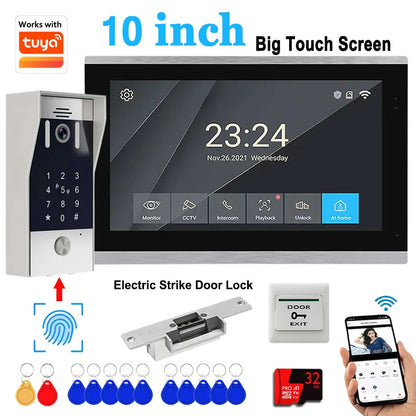 WiFi Video Doorbell System 4 Wire 10inch 1080P Doorphone Fingerprint Password Door Camera Video Intercom W/ Electric Strike Lock