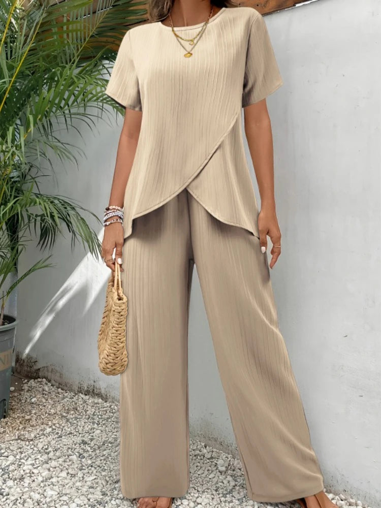 Summer Casual Short Suit Women Fashion Round Neck Short Sleeve Irregular Tops Elastic Waist Shorts 2 Piece Sets Womens Outfits