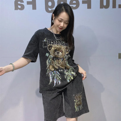 Tie-dye Cartoon Bear Oversized Short Pant Sets Woman Outfits 2026 Summer Casual O Neck Short Sleeve T Shirt 2 Piece Sets