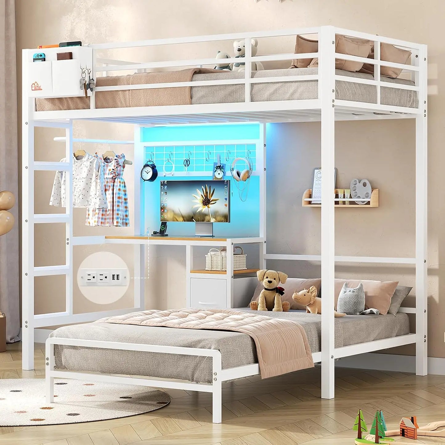 Twin Over Twin Bunk Bed,Built-in Desk & Charging Station & LED Lights with Storage Drawers,Bedroom Furniture, Custom