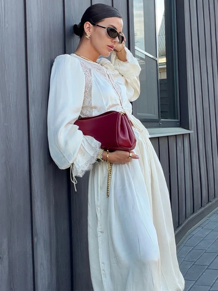 Deep V-Neck Lace Trim Cutout Waist Maxi Dress Elbow-Sleeve Lace Trim Chiffon 2026 Summer Elegant Women Vacation Boho Outfit