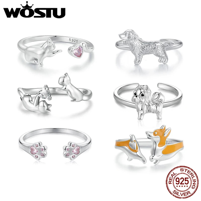 WOSTU 925 Sterling Silver Cat Pet Adjustable Rings For Women Animal Dog Open Ring Family Daughter Birthday Jewelry Girl Gift