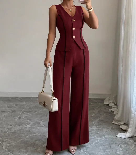 Two Piece Set Women Outfit 2026 Spring Summer New Contrasting V-Neck Sleeveless Single-Breasted Vest & Casual Straight Pants Set