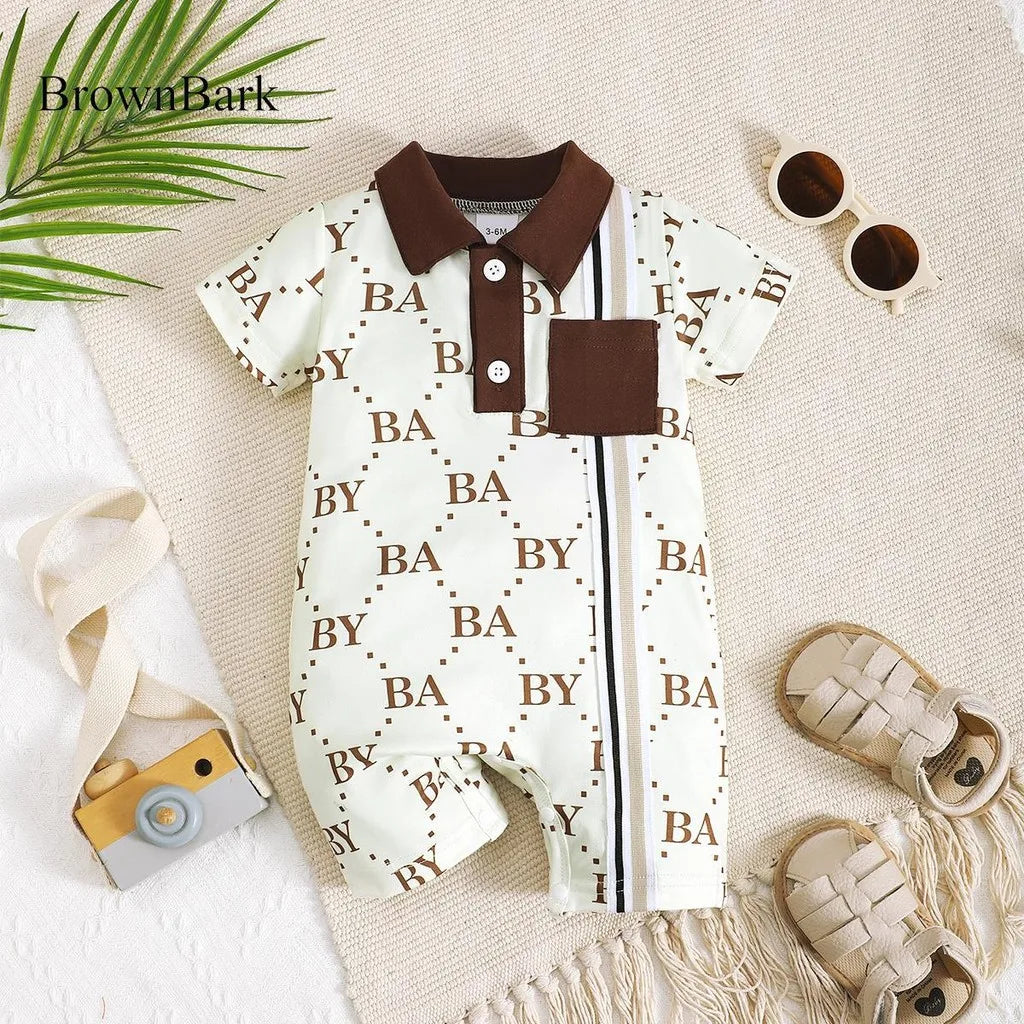 1-24 Months Newborn Baby Boy Fashion Romper Short Sleeved Flip Collar Letter Print Light Luxury Jumpsuit Toddlers Summer Clothes