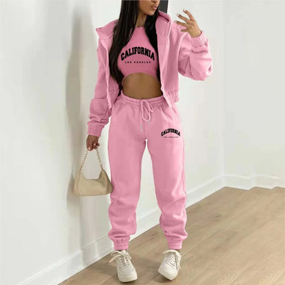 Autumn And Winter New Fleece Hoodie Letter Print Hooded Women's Suit Fashion Loose Casual Sports Pants Female 3 Piece Set 2024