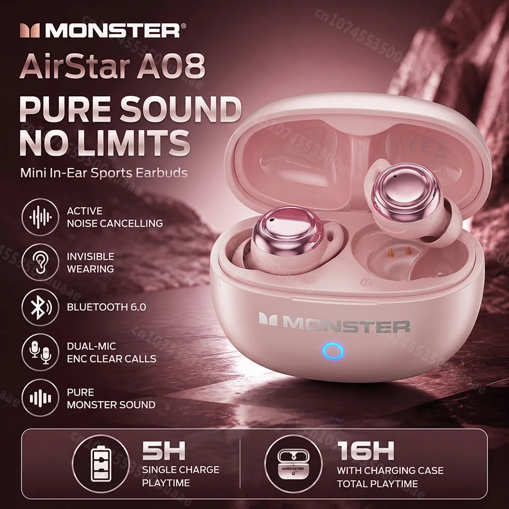 Monster A08 ANC Bluetooth 6.0 Earbuds Mini Invisible In-Ear Sports Ear Buds Active Noise Cancellation TWS Wireless Earphone