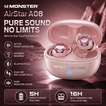 Monster A08 ANC Bluetooth 6.0 Earbuds Mini Invisible In-Ear Sports Ear Buds Active Noise Cancellation TWS Wireless Earphone
