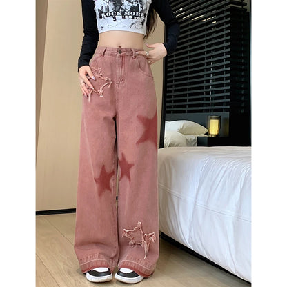 Women Streetwear Pink Jeans Vintage Star Print High Waisted American Retro Wide Leg Denim Pants Hip-hop Straight Y2K Trousers