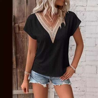 Elegant Women's Top Short Sleeved Tshirt Summer V-neck Lace Casual Solid Color Bat Sleeve T-shirt Y2k  Women's T-shirts Футболки