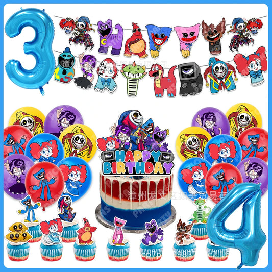 Cartoon Huggy Wuggy Birthday Decorations Party Supplies Smiling Critter Backdrop Balloons Banner Cake Topper Halloween Decor Set