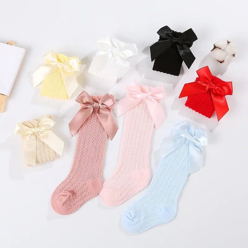 Baby Girl Socks Summer Fall Toddlers Bow Long Sock Kids Knee High Soft Cotton Mesh Bow Decorative Lace Stocking 0-3Year