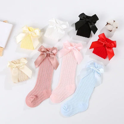 Baby Girl Socks Summer Fall Toddlers Bow Long Sock Kids Knee High Soft Cotton Mesh Bow Decorative Lace Stocking 0-3Year