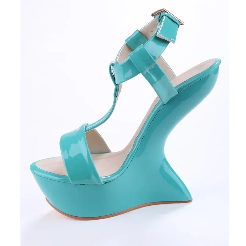 Strange Style Women Metal Color Woman Summer Platform Sandals Sexy Hoof Heel Ankel Buckle Strap Open Toe Shoes High Quality