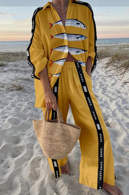 Fashion Print Beach Holiday 2-Piece Set Women Spring Summer Long Sleeve Shirt Top + Wide Legs Women's Oversized Two-Piece Outfit