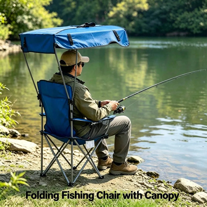 Portable Folding Camping Chair With Adjustable Sun Canopy, Heavy Duty Beach Lawn Chair With Cup Holder Side Pocket, Lightweight Foldable Outdoor Chair For Fishing Picnic Poolside Travel Garden