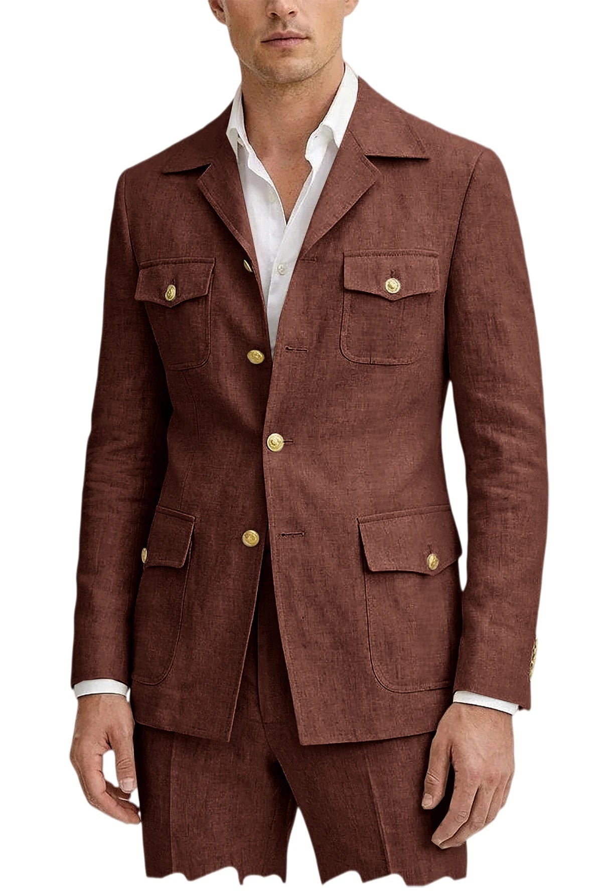 Men's Linen Suit 2 Piece Blazer Pants Set Multi-Pocket Safari Style Slim Fit Formal Business Casual Jacket Trousers for Summer
