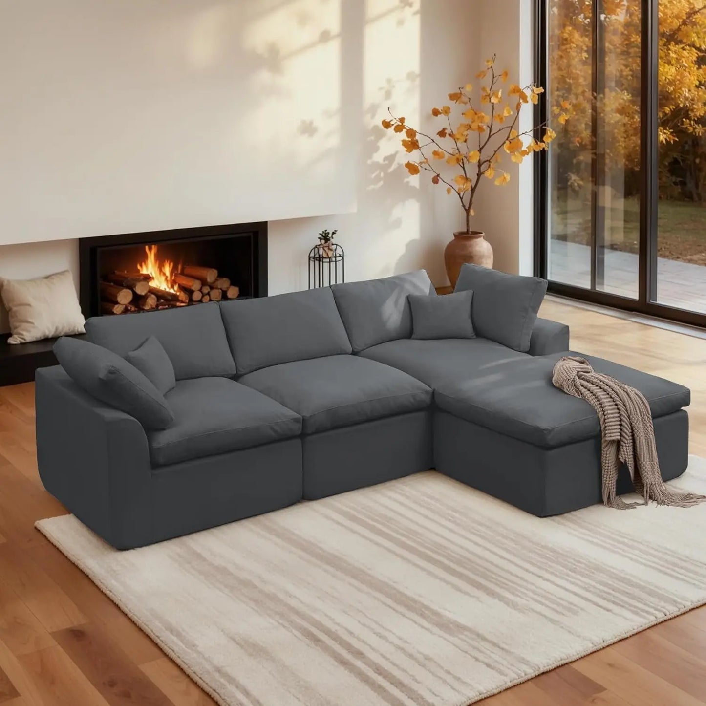 110" Modular Sectional Sofa with Ottoman, Deep Seat Fluffy Chenille L-Shape Couch for Living Room, Beige, Customized